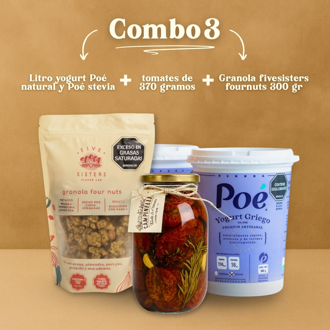 Combo 3: Litro natural + Litro Stevia + Tomates de 370gr + FiveSisters Fournuts 300gr
